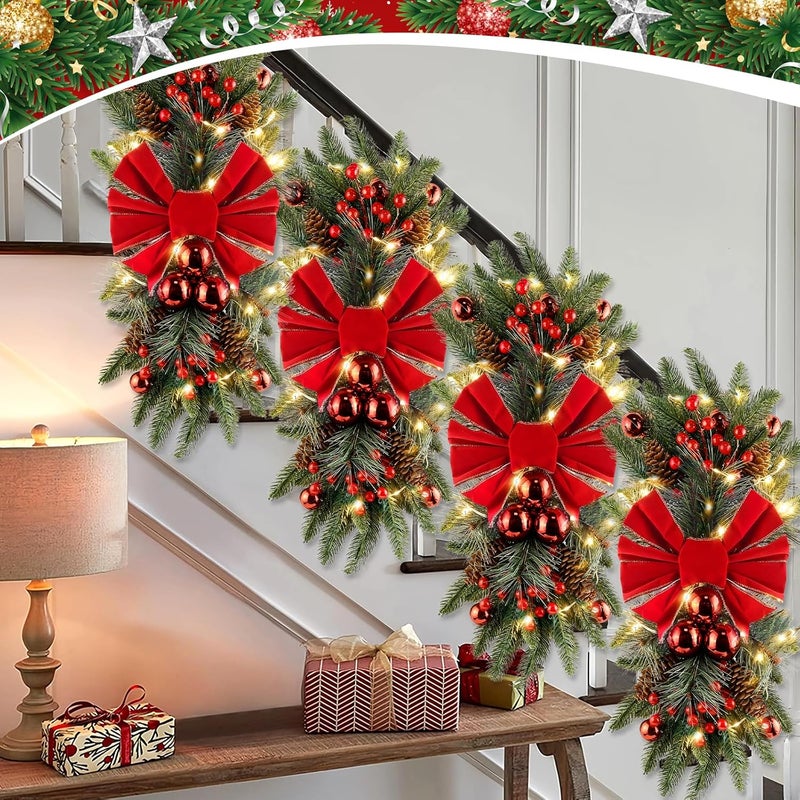 Julako Christmas Teardrop Swag for Decorating, 24" Prelit Cordless Stair Decorations with Lights, 1 Pcs Artificial Christmas Garland Wreath for Staircase Front Door Home Window Decor (Red & Green) - Image 3